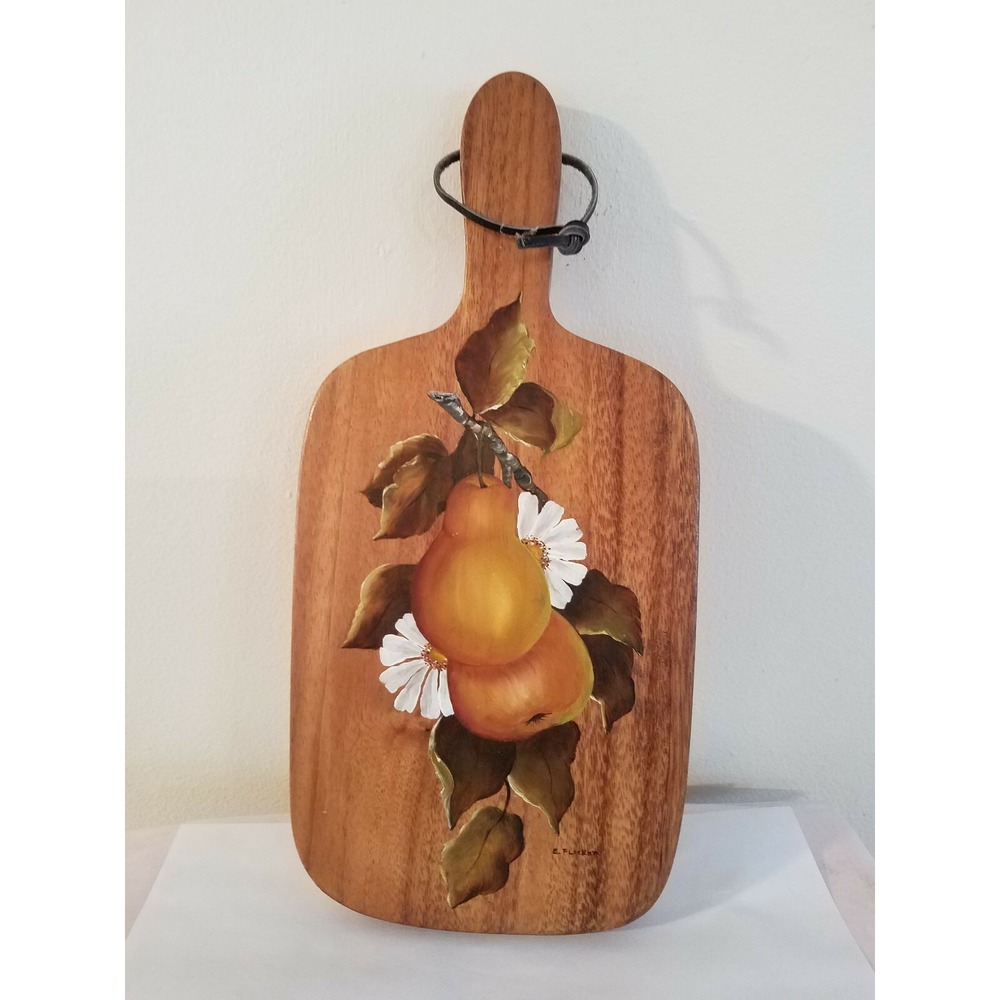 Vintage Hand Painted Wood Paddle Cutting Board w/Fruit Pears Signed